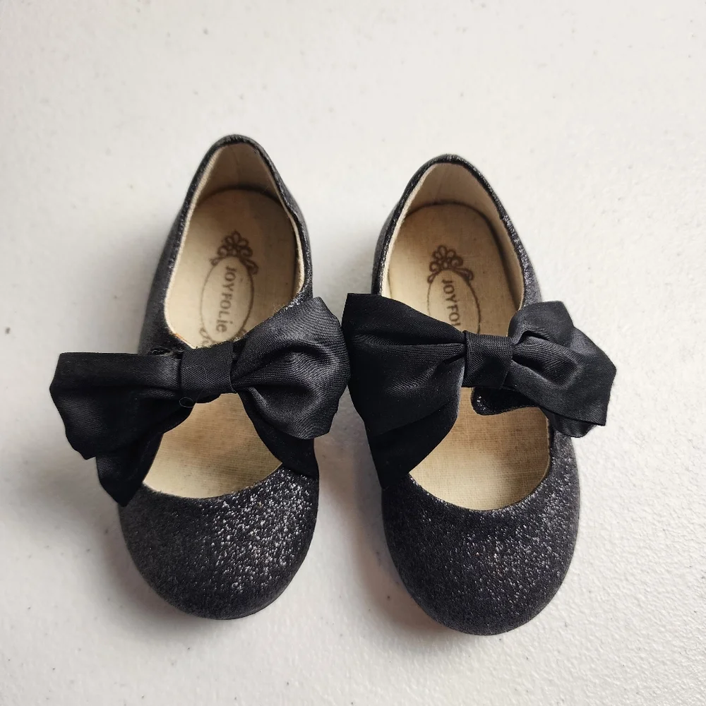 Joyfolie Toddler Girls Black Glitter Bow Ballet Flats Dress Shoes